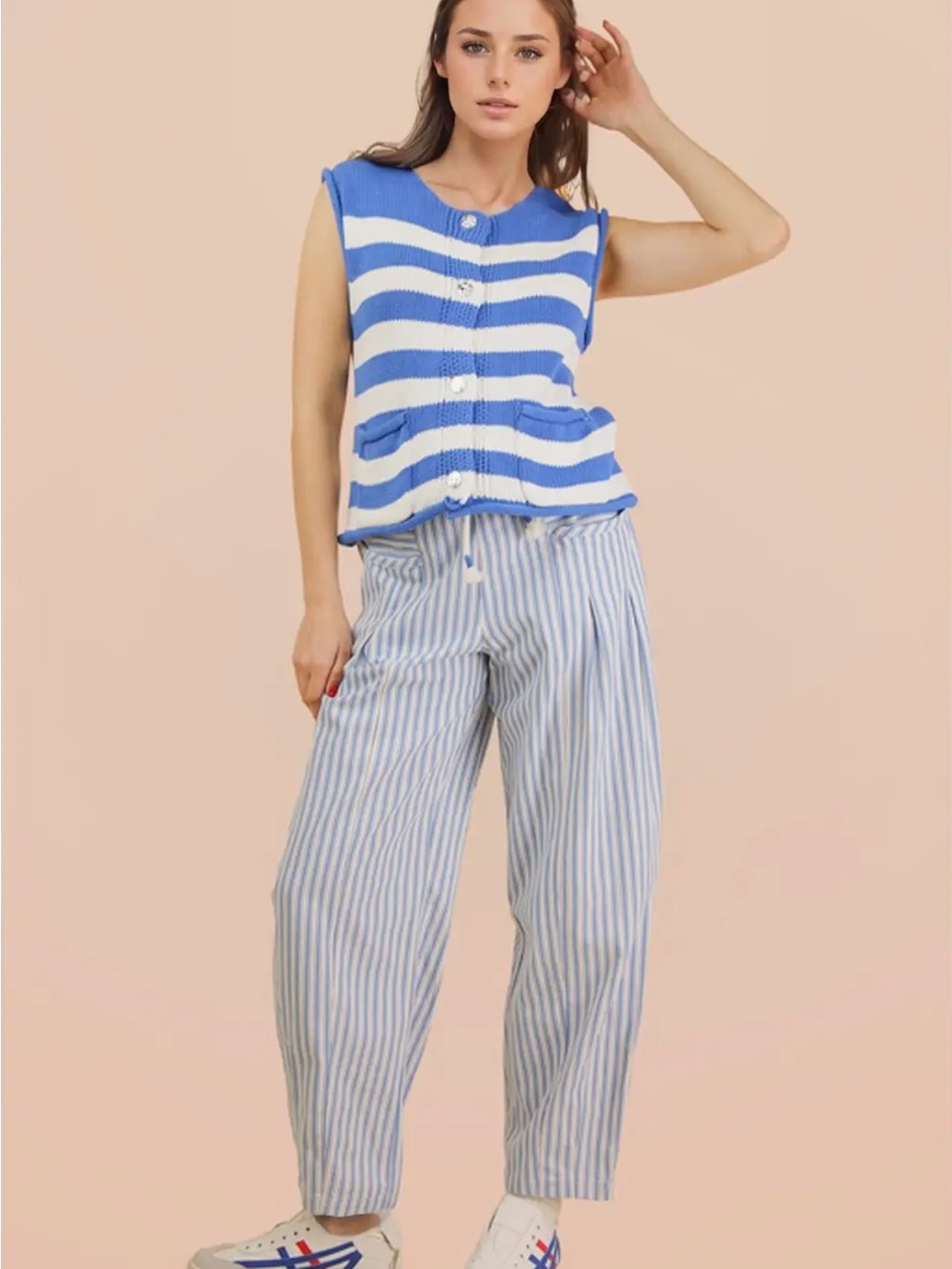 Very J striped barrel denim pants for Women.